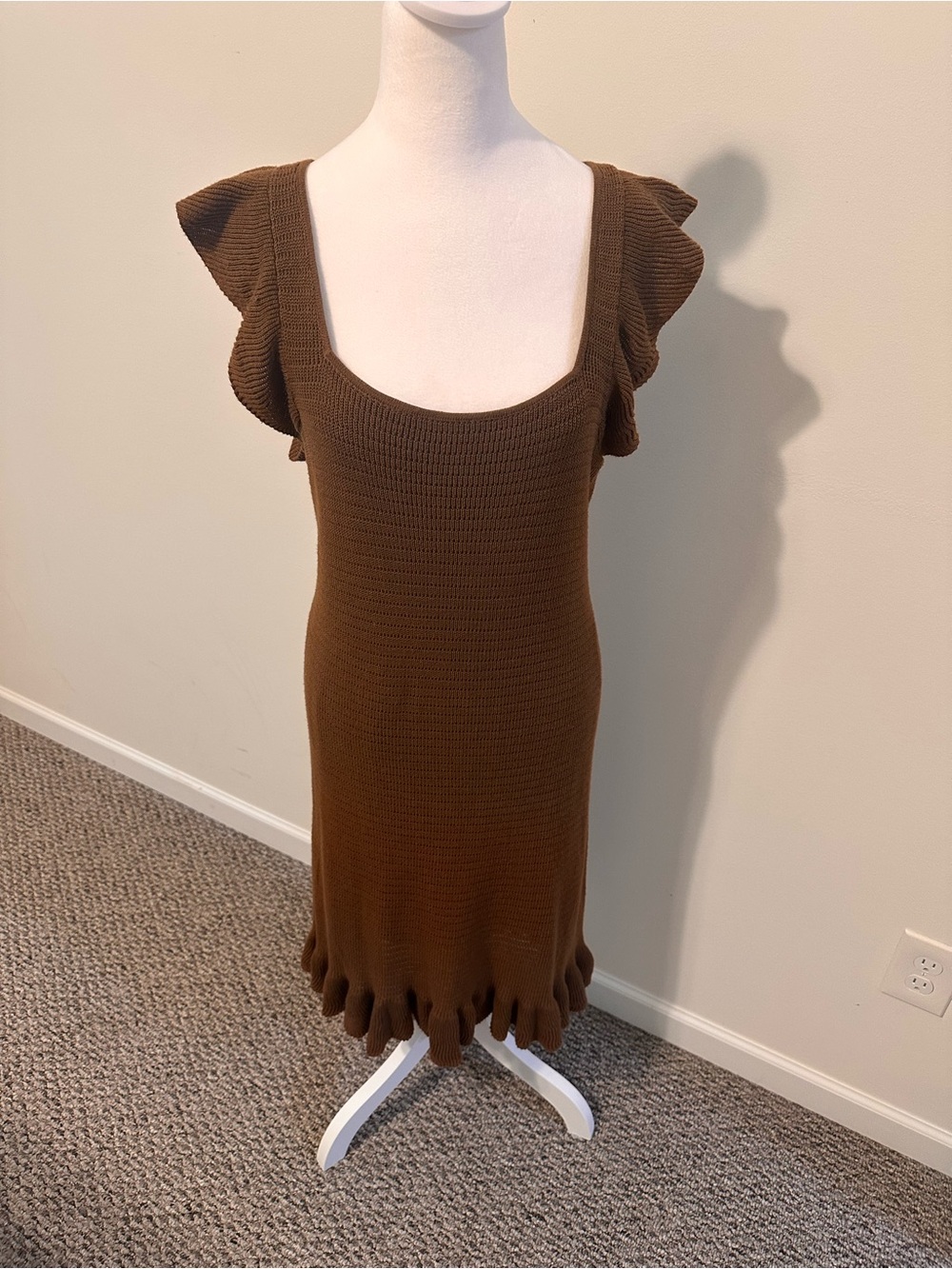 House of Harlow 1960 Square Neck Midi Brown Ruffle Sleeves Dress Size Medium